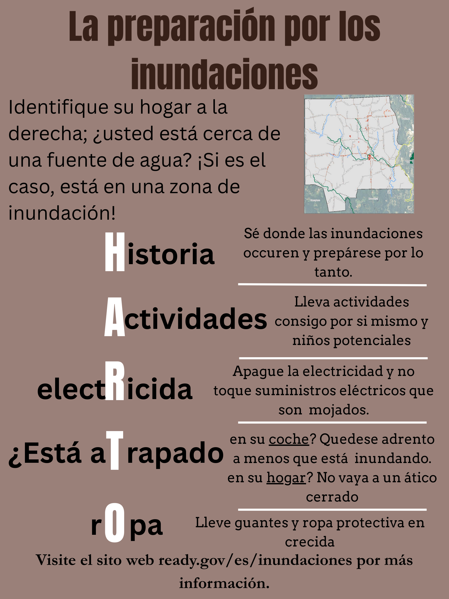 La preparación por los inundaciones — flyer con mapa de zona de inundación de Pomfret