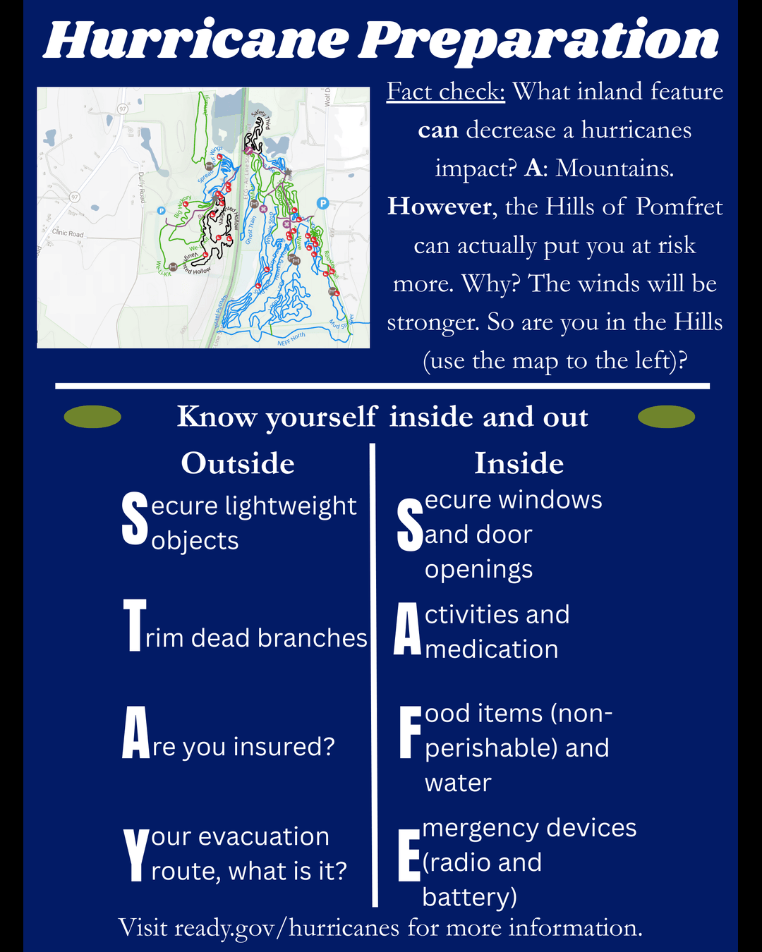 Hurricane Preparation flyer with Pomfret hills map
